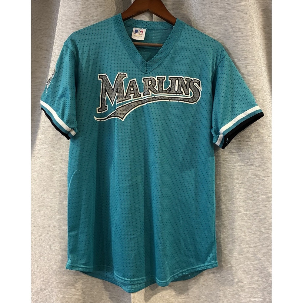 Vintage 90s Florida Marlins Majestic MLB Baseball Jersey Teal Embroidered L USA